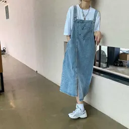 Vestido de avental de ganga de estilo fresco, midi, solto, que cobre a anca, vestido sem mangas
