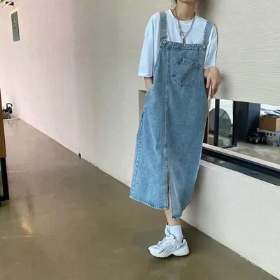 小清新牛仔背帶裙中長寬鬆遮胯洋裝