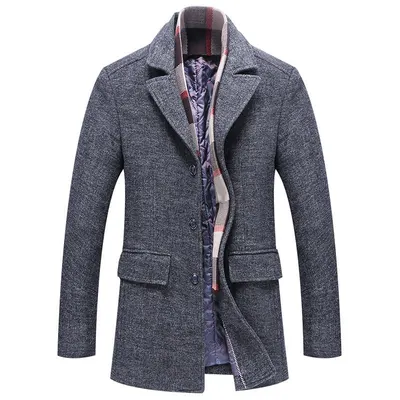 Casaco de Lã com Cachecol de Algodão e Lapela de Moda para Homens