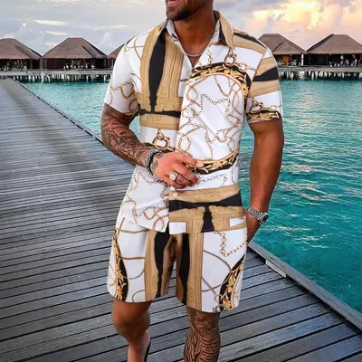 Conjunto de Camisa e Calções com Impressão Digital 3D de Corrente de Luxo Dourada