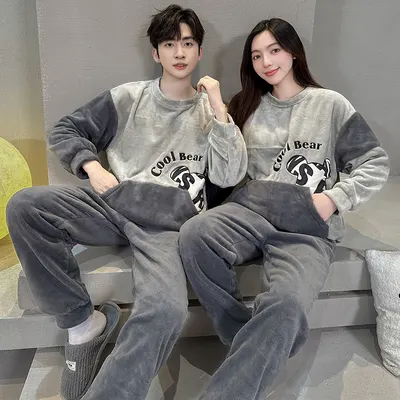 Pijamas de casal de veludo de coral, tamanho grande, para mulheres no outono e inverno, conjunto de vestuário doméstico para homens com gola redonda, lã e flanela espessas