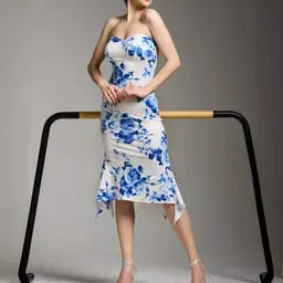 Kinesisk print tube-top klänning blå-vit porslin sheath fisktjärn kjol