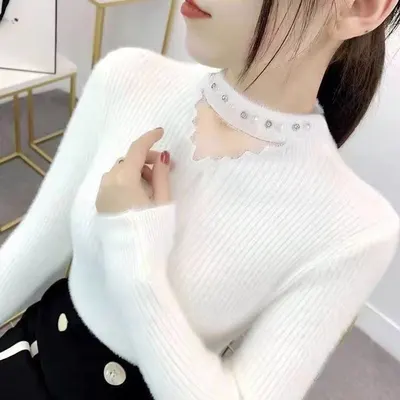 花边领镂空带钻套头针织衫韩版秋冬水貂绒毛衣女修身打底上衣