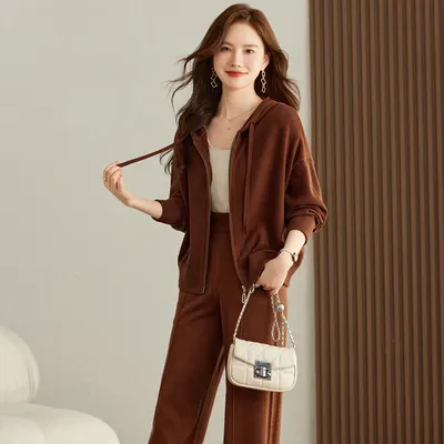 Conjunto de moletom com capuz, cardigã de tricô e calças de perna larga para mulher, primavera/outono