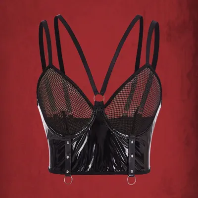 Top feminino em couro verniz, modelo T, preto