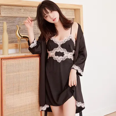 Höst och vinter nya kvinnors vår och höst pyjamas två-delad set, lång ärm sexig satin dräkt pyjamas klänning, sexig underkläder rygglös outfit