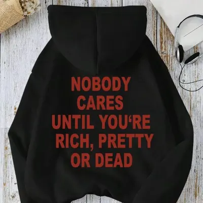 nobody care标语印花连帽长袖卫衣连帽衫