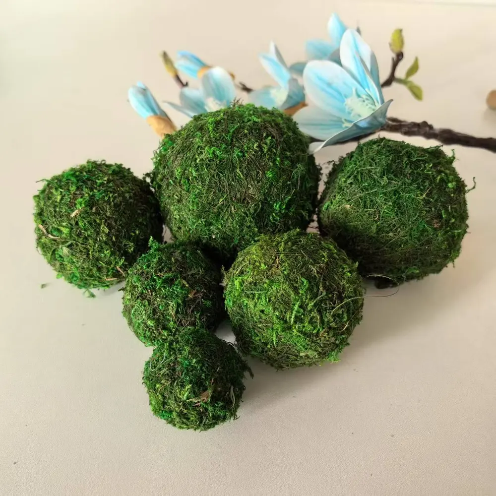 Vaso de musgo, bola de palha, flor seca em bola