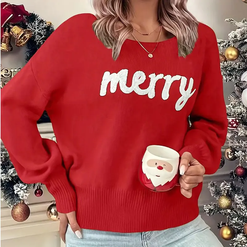 Suéter de punto para mujer, suéter de punto de manga larga con cuello redondo para Navidad