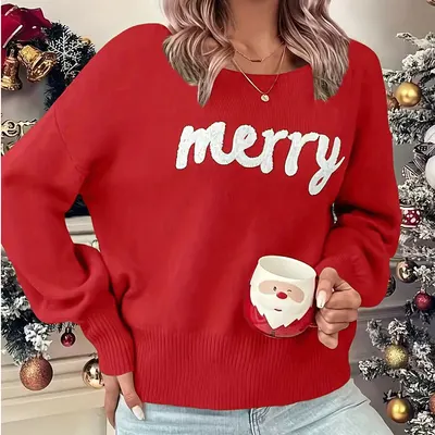 Suéter de malha para mulher, gola redonda de Natal, suéter de manga comprida tipo pulôver