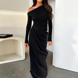Vestido YJ24513 Outono 2024 Novo Estilo Europeu e Americano Elegante, Sensual, Modelador, Ombro à Mostra, Com Furos e Gatinhado para Mulheres