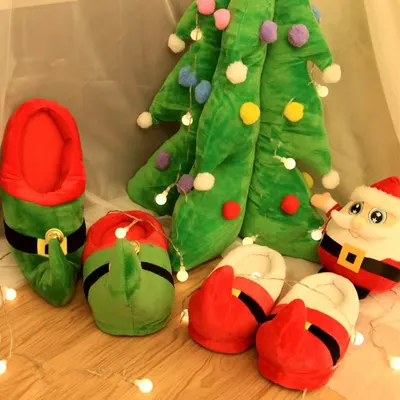 Chinelos de Casa de Natal em Algodão - Pais e Filhos, Sola Grossa, Interior, Outono/Inverno