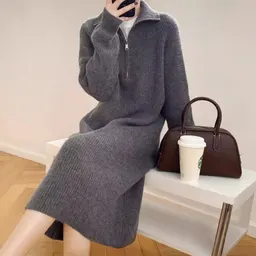 Vestido de malha com lapela e fecho de correr, vestido de tricot de gola alta retro longo para mulher, outono e inverno
