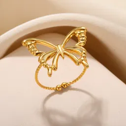 Anel de aço inoxidável banhado a ouro 8K para mulher, com borboleta e corações