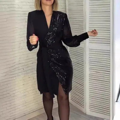 Vestido feminino de moda com patchwork de lantejoulas, transfronteiriço