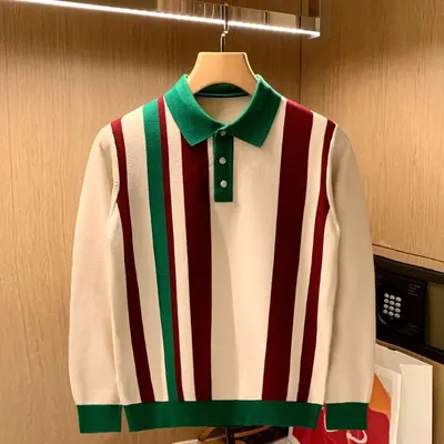 Herrens höst lätt moget stil räfflad stickad långärmad polo tröja herrens färgblock fashionabel trendig märkesmall krage tröja