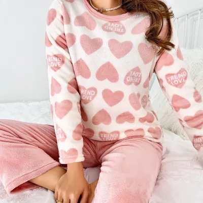 Höst/vinter tjockad flanellpyjamas varm mjuk långärmad långbyxa hemkläder set