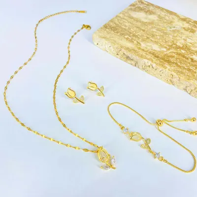 Conjunto de colar de tulipa, corrente de clavícula elegante, pulseira e brincos para mulheres