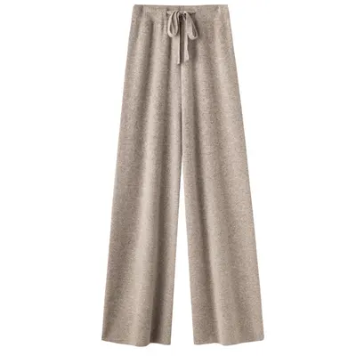 Calças de perna larga de lã pura 100% para mulheres, inverno, cintura média, caídas, modeladoras, casuais, de perna direita, de malha de caxemira, até ao chão