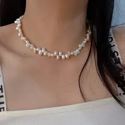 Collar de Perla Barroca de Plata de Ley S925 con Cadena de Clavícula de Perla de Agua Dulce
