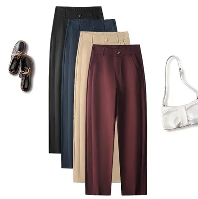 Calças de fato de cintura alta para mulheres, novas no outono e inverno, calças harem casuais soltas para tamanhos pequenos, calças cigarro slim de corte retangular