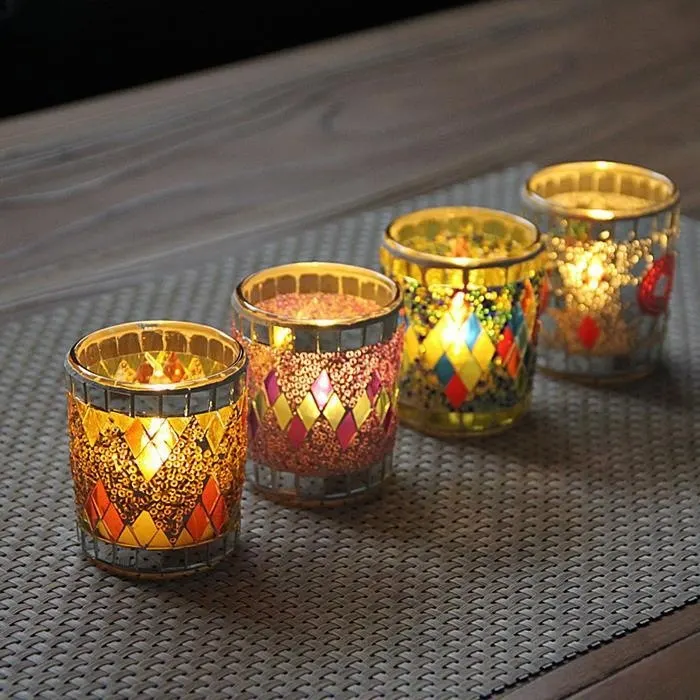 Candeeiro de Mesa de Vidro com Mosaico Manual Europeu, Pequeno Copo, Decorativo para Jantar Romântico à Luz de Velas, Bar, Inclui Vela