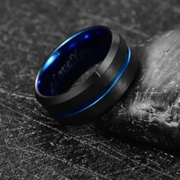 Anel para homem de aço tungsténio, cor preta azul-médio, ranhura central, tamanho 4-10MM