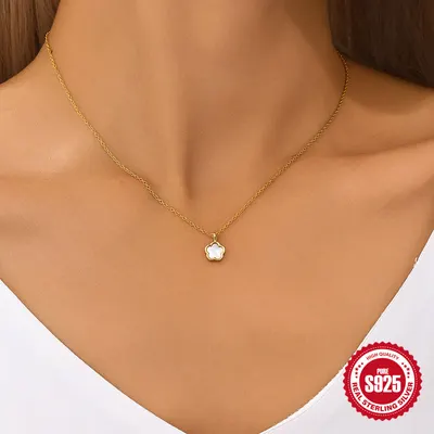 Conjunto de colar de clavicula de pétalas de flores de concha branca elegante com pedras de cristal de prata esterlina S925, brincos ocos, joalharia versátil quente na Europa e América