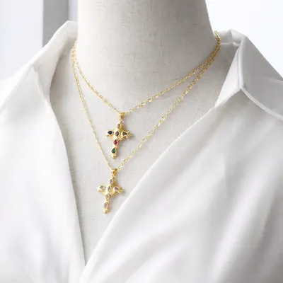 Colar com pingente de cruz, banhado a ouro, acessórios de ouro verdadeiro, corrente de clavícula
