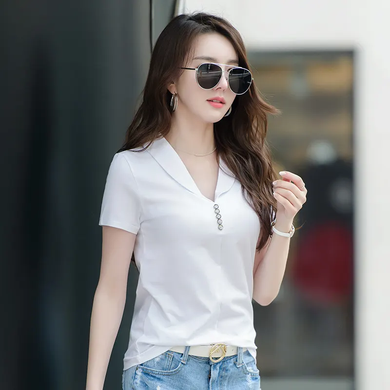 봄/여름 슬림핏 화이트 슬릿 신상 솔리드 컬러 V넥 버튼 반팔 티셔츠 여성 면 탑