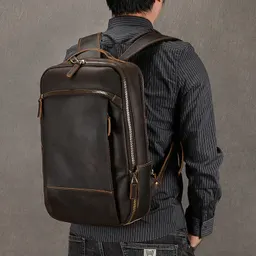 Mochila retro con compartimento principal con doble cremallera, mochila de cuero genuino, gran capacidad, de cuero Crazy Horse, para exteriores, de viaje, informal, para portátil