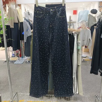 ラインストーンデニムジーンズ、ルーズBFヘビーワークワイドレッグパンツ