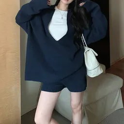 初秋 ハイエンド 韓国スタイル カジュアル スポーティー リブニット ショートパンツ ツーピース セット