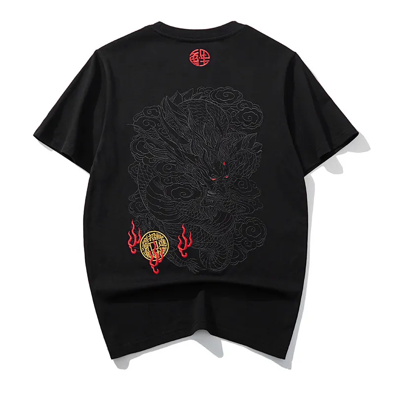 Camiseta de manga corta de tendencia china de verano, bordado de hilo oscuro con patrón de dragón, top transpirable de algodón puro con cuello redondo para hombre