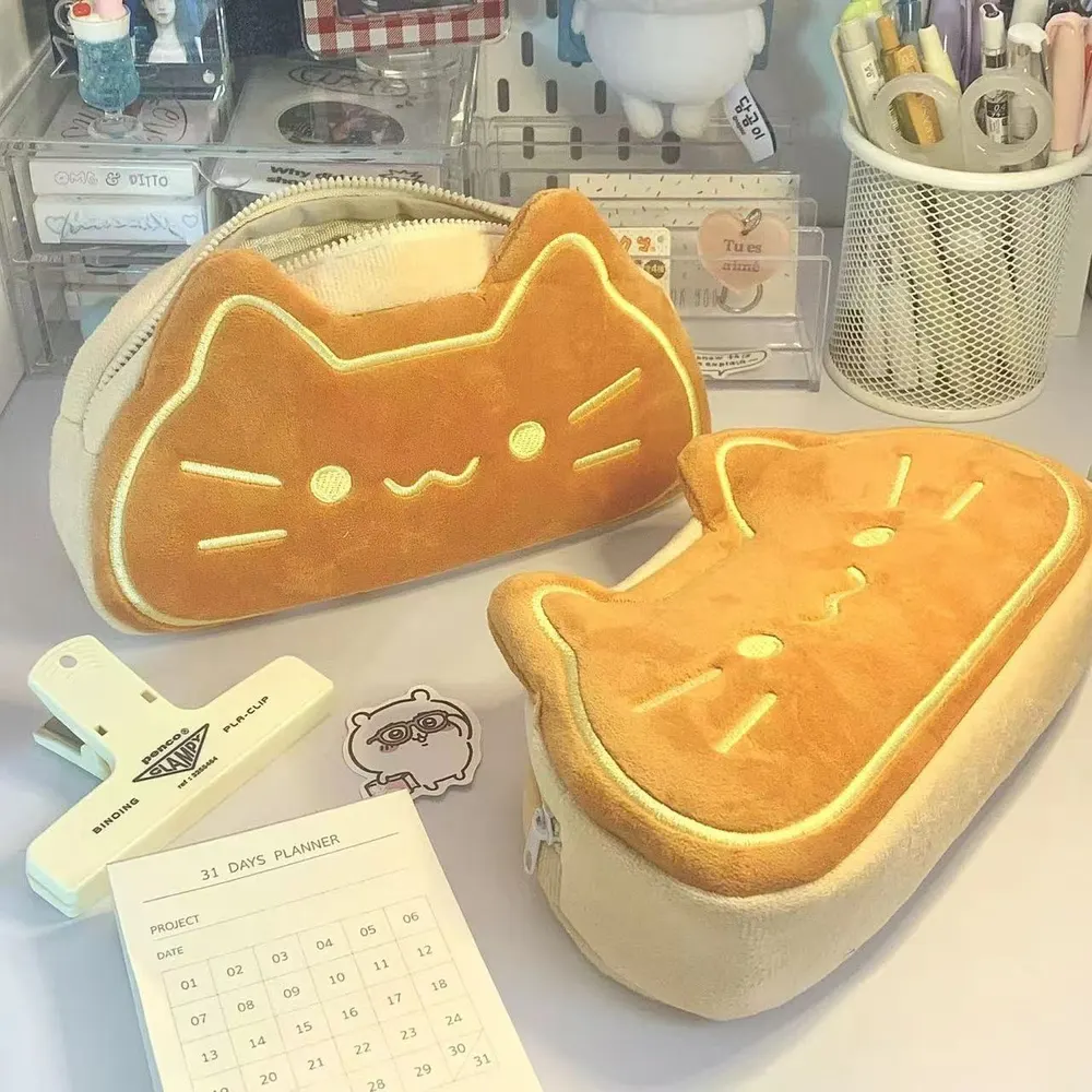 Estojo de lápis de gato Caramel fofo e cartoon, estojo de material de alta qualidade, grande capacidade, para alunos do ensino básico e secundário