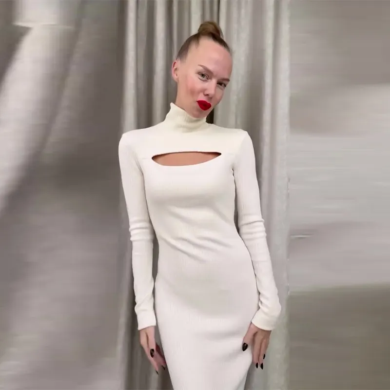 Women s pure color semi-high collar cutout design sexy hip-hugging long skirt