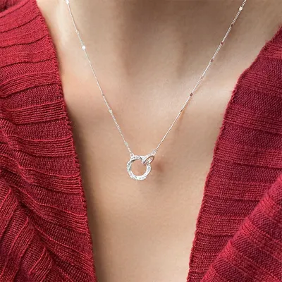 Ailuoqi S925 Sterlingsilver Fräsch Söt Ins-stil Niche Design Diamantinsatt Tvådelad Slingrad Ring Halsband Y01881
