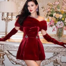 Vestido Vermelho de Estilo Nobre Francês TZ3238, Curto com Ombro à Mostra e Pelúcia, para Mulheres, Novo de 2023
