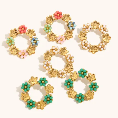 Pendientes de botón con diseño de anillo de flor de nicho de acero inoxidable