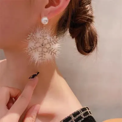 Brincos exagerados de floco de neve com zircónio e pérola, para rosto redondo