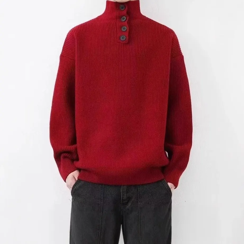 Suéter de gola alta masculino de alta qualidade, marca da moda para outono e inverno, jaqueta de tricô cool, top masculino com botões versátil novo