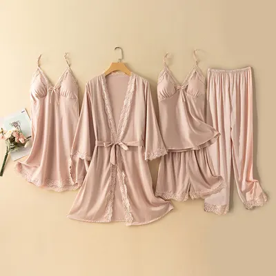 Kvinnors Sommarisisk Pyjamas I Silke Tun Långärmad Pyjamasrock Nattlinne Femdelad Set Sexig Camisole Shorts Hemkläder