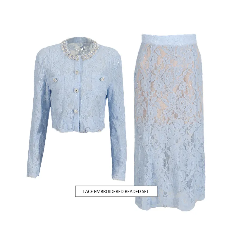 Top bordado com renda e diamantes, gola redonda, conjunto de saia de cintura alta