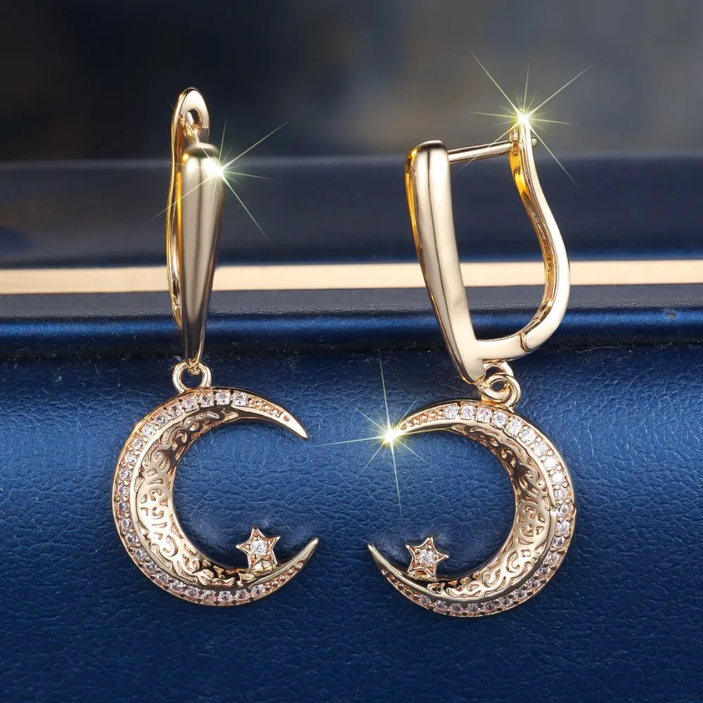 Brincos de botão de ouro champanhe, estrela e lua, de estilo coreano, temperamento europeu e americano, design de moda, luxo discreto e versáteis