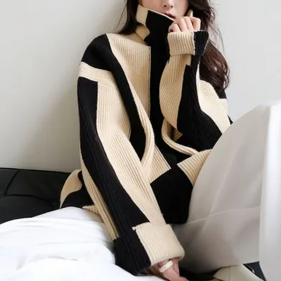 Idle-stil turtleneck-tröja, svartvita randiga tröja för kvinnor