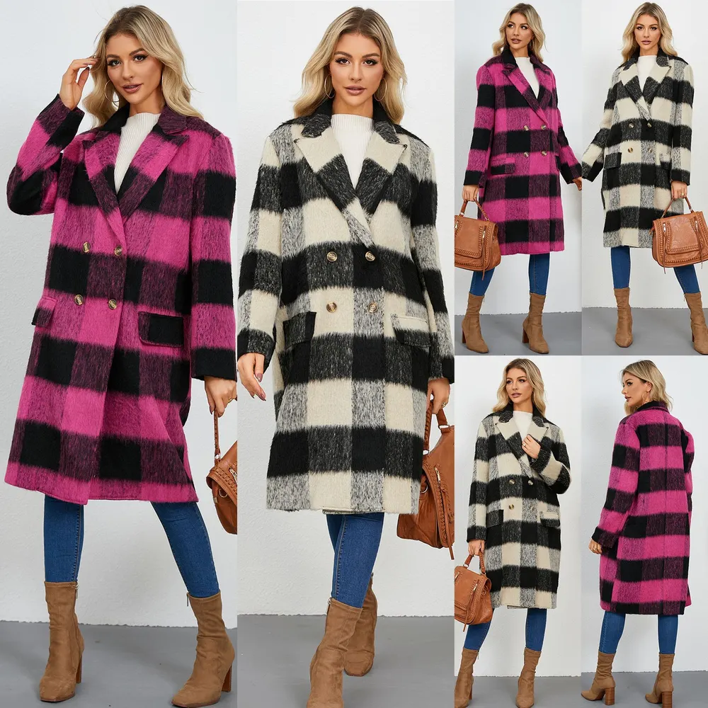 Abrigo Largo de Lana a Cuadros de Invierno 2024, Doble Cara, Estilo Extranjero Europeo y Americano de Alta Gama, Lana con Cuello de Traje