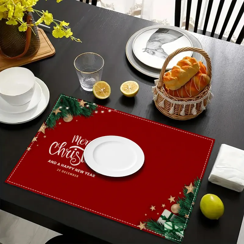 Toalha de mesa com estampa de letras de bênçãos de festival, sousplat de linho natalino
