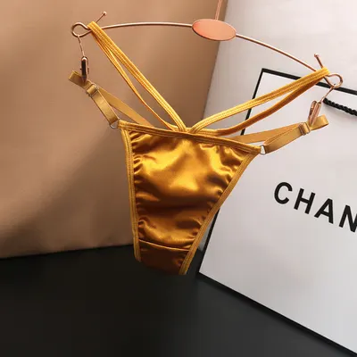 Tanga sensual de cetim e seda, lisa, para mulheres, cintura baixa, com cós de algodão ajustável