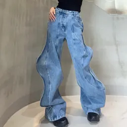 Calças Jeans de Cintura Alta, Pernas Largas, Borda Assimétrica