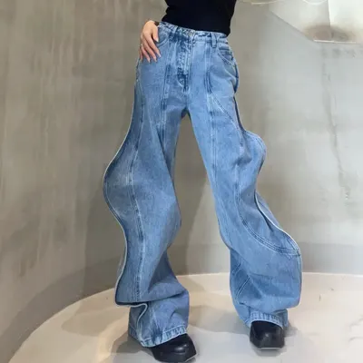 ハイウエスト アシンメトリーヘム ワイドレッグ ジーンズ